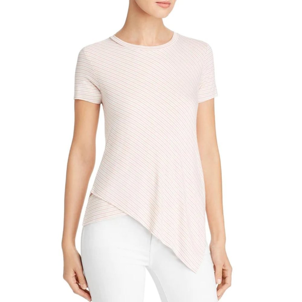 NWT Elan Women's Pink Striped Crewneck Asymmetrical Short Sleeve Top Size Large